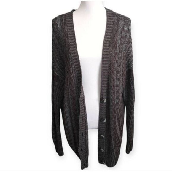 OLIVE & OAK CHARCOAL PATCH ELBOW CARDIGAN SZ.M FITS LIKE AN XL EUC. - Picture 4 of 8